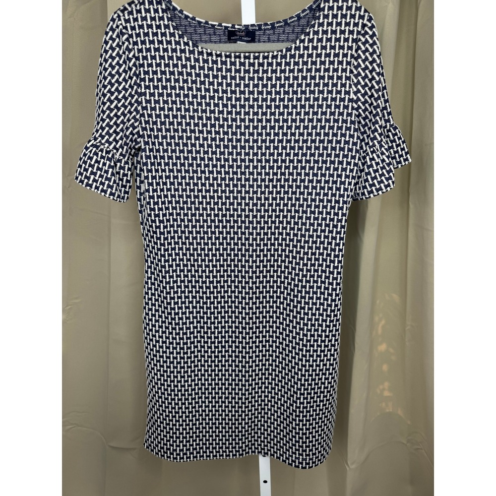 Sailor Sailor Yacht Club Navy White Knit Ruffle Sleeve Shift Dress XS